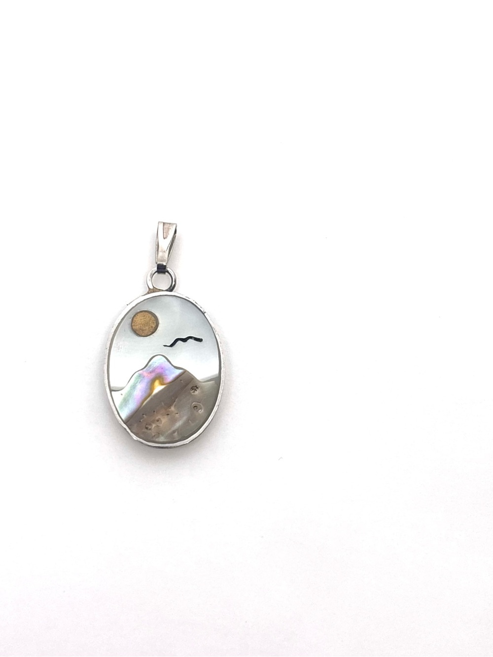 Sterling Oval Mountain & Sun Pendant Necklace in White and Iridescent Hues